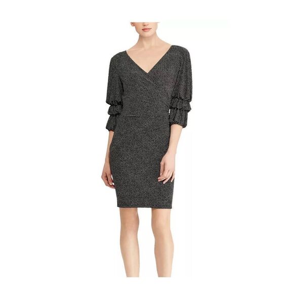 Ralph Lauren Womens 6 Statement Sleeve Surplice Dress Black White Polka Dot Mini - Picture 1 of 11